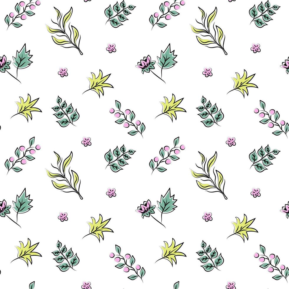 pattern of flowers, leaves and berries, pattern on a white background vector