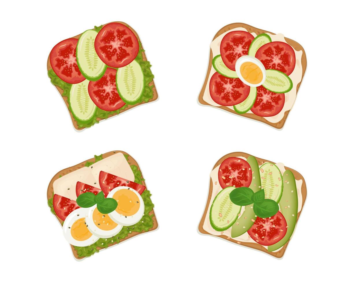 conjunto de sándwiches. desayuno, sándwich con huevo, queso, aguacate, pepino, tomate y albahaca vector