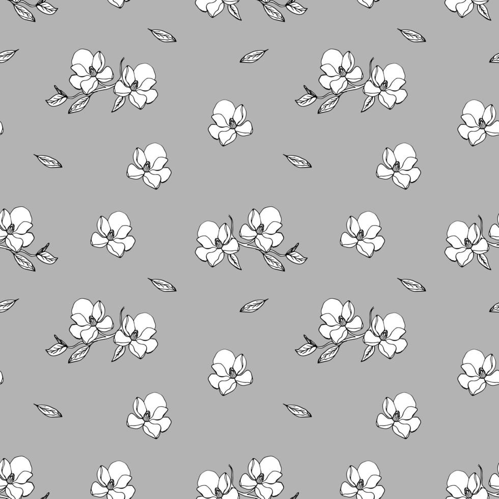 patrón de flores blancas sobre un fondo gris, blanco y negro vector