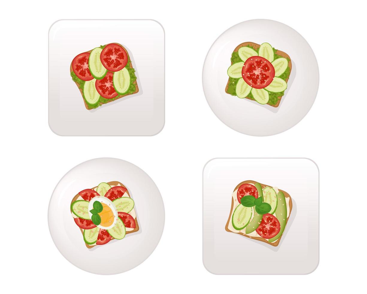 Set of sandwiches, sandwich with egg, cheese, avocado, cucumber, tomato and basil on a plate vector