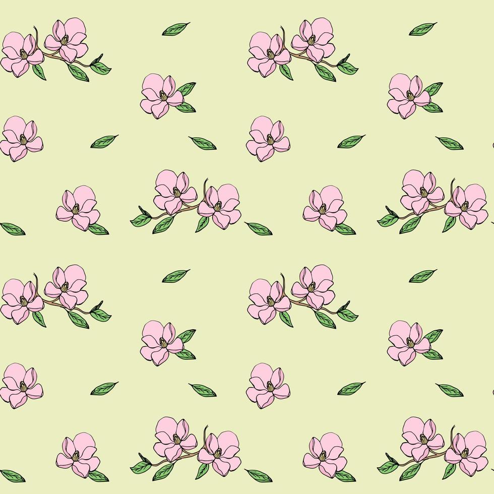 Pattern of delicate pink flowers on a yellow background, pastel colors vector