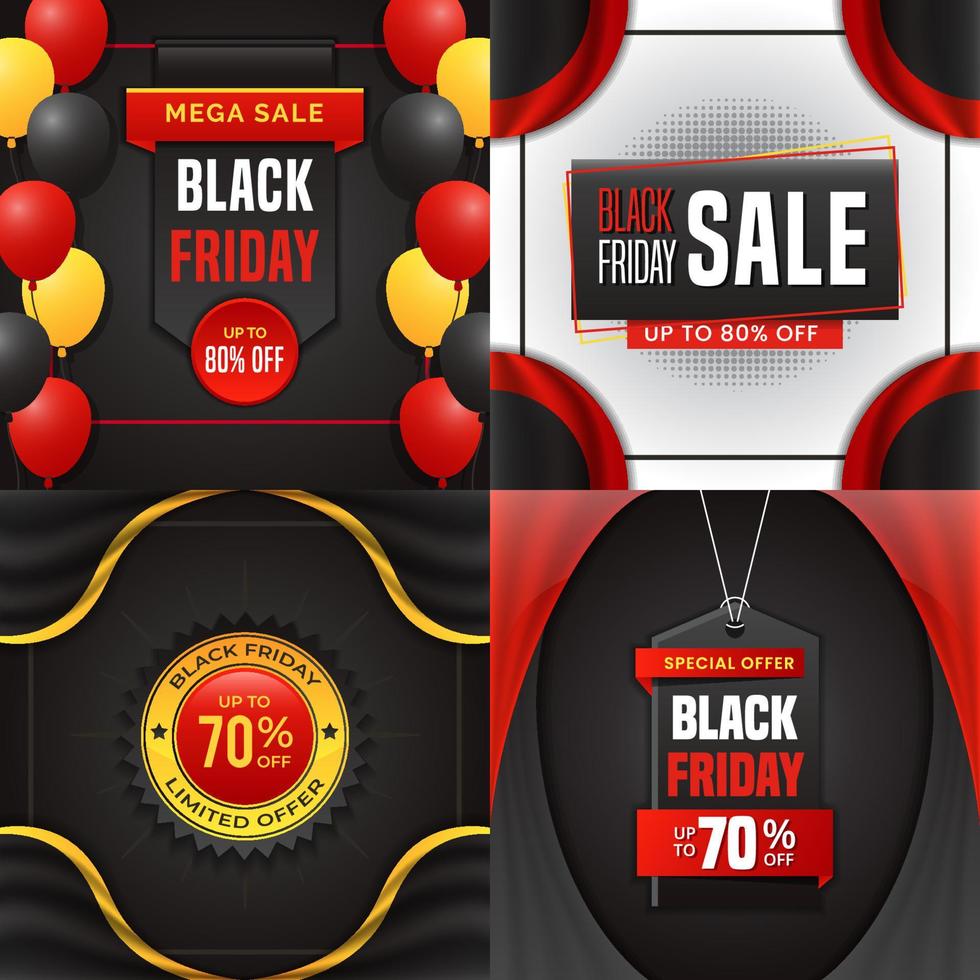 Collection of black friday sale banner with balloon and fabric background design vector