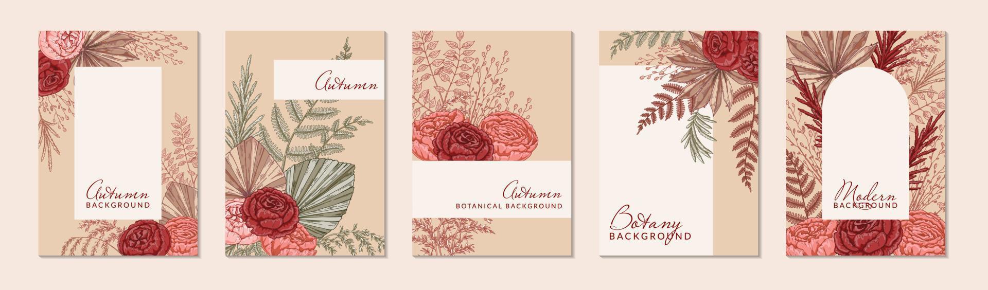 Set of autumn vertical background with modern floral elements. Hand drawn botanical vector illustration. Space for text