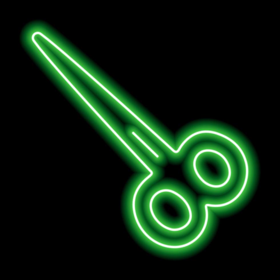 Green neon contour scissors on a black background. vector