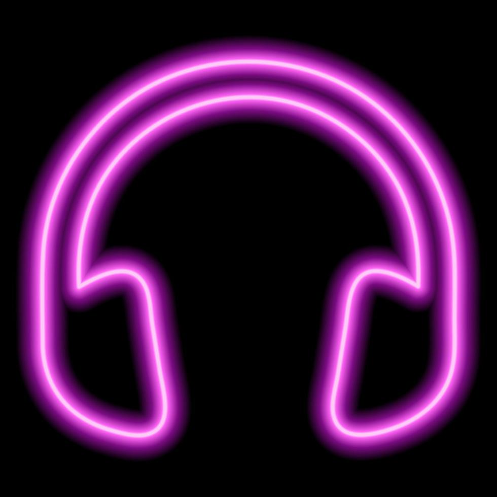 Pink headphones. Neon outline on a black background. One object. Listen to music, play vector