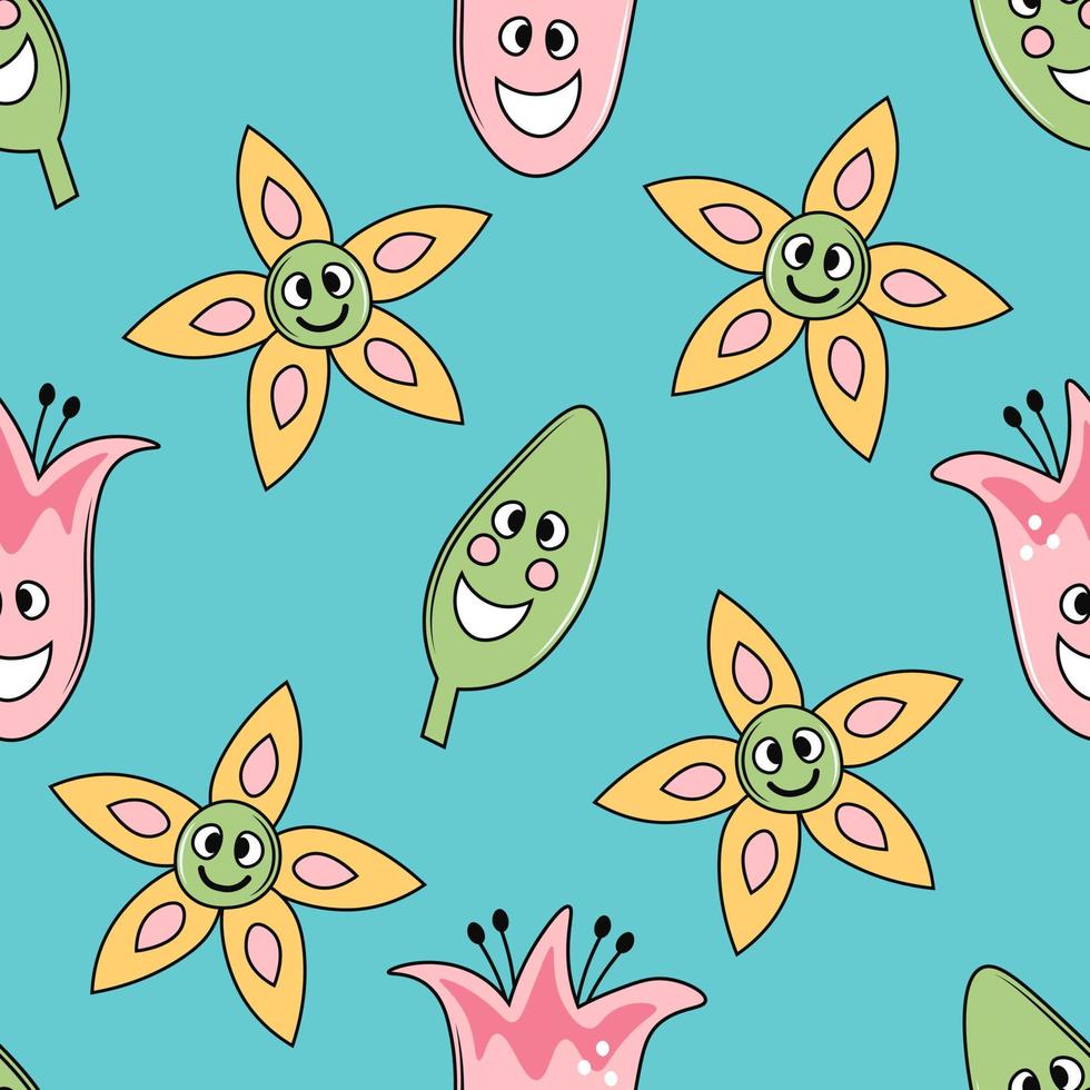 Groovy seamless pattern with flowers and leaf vector