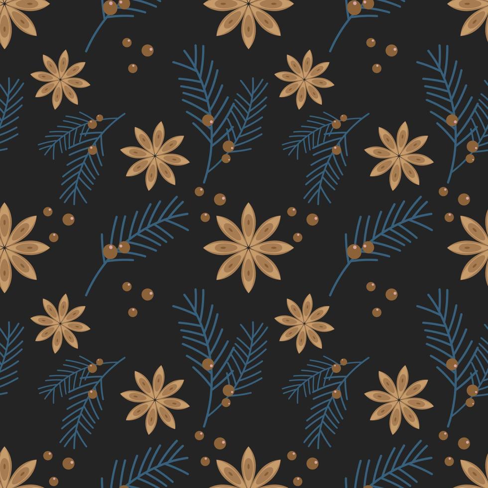 Winter Christmas New Year dark pattern star anise fir coniferous branch juniper berry. Background, backdrop, packaging, textiles. vector