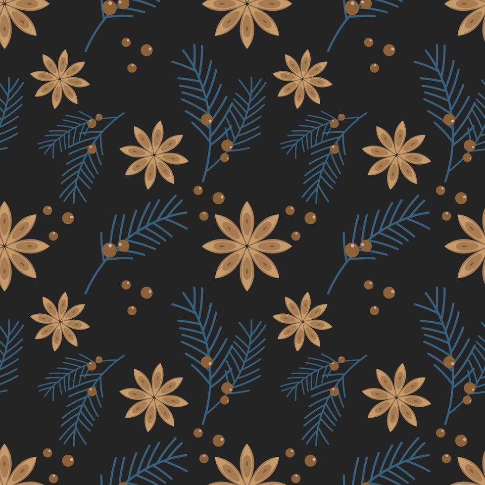 Winter Christmas New Year dark pattern star anise fir coniferous branch juniper berry. Background, backdrop, packaging, textiles. vector