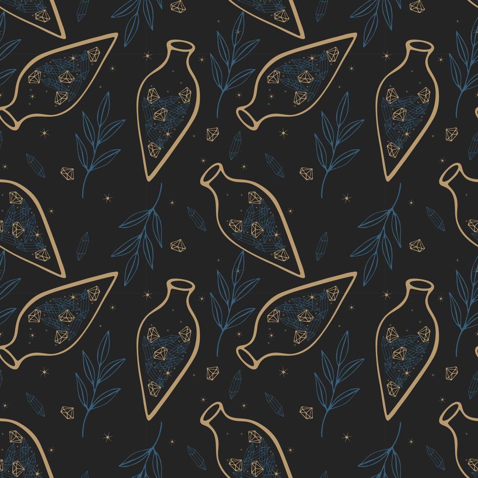 Tarot pattern luxury dark blue and gold background potion crystals magic bottle witchcraft magic, doodle element. vector