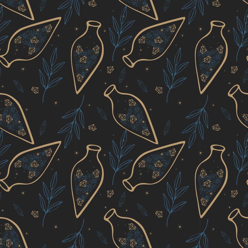 Tarot pattern luxury dark blue and gold background potion crystals magic bottle witchcraft magic, doodle element. vector