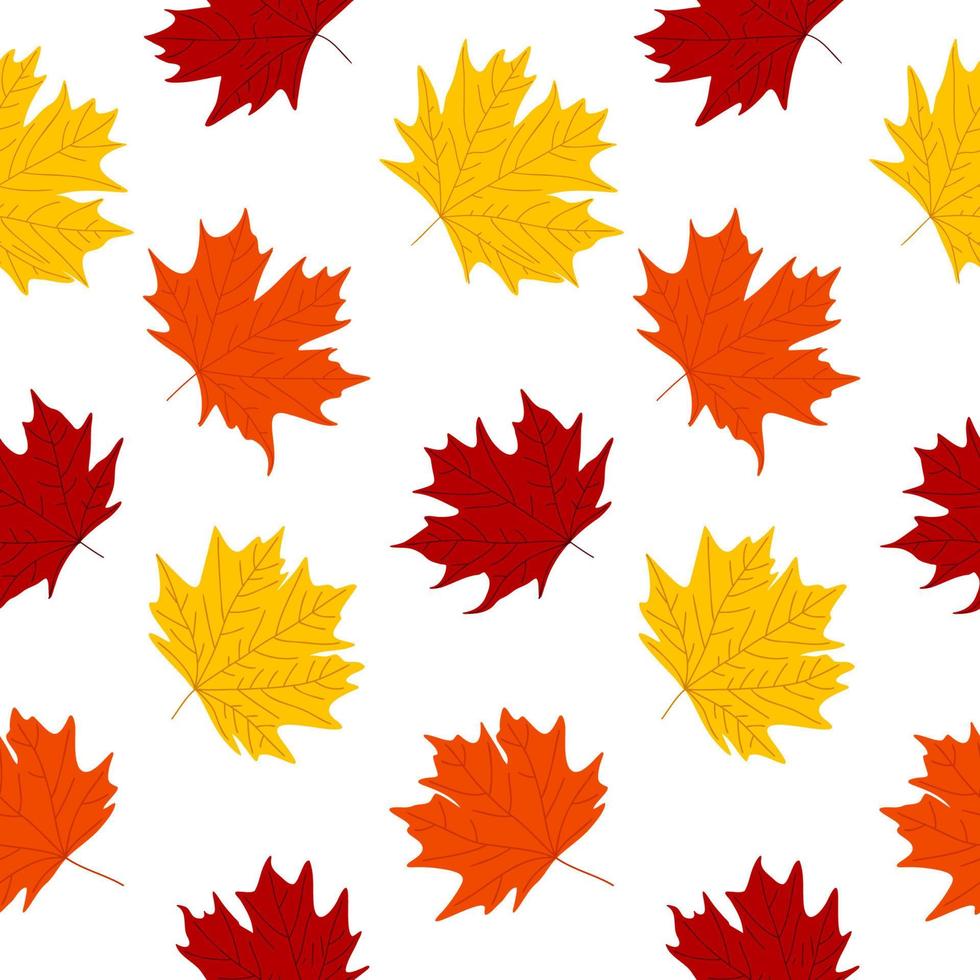 Maple leaf colorful symbol seamless pattern. Autumn falling leaves on white background. Simple cute cozy forest foliage for cover, wrapping paper. Vector illustration.