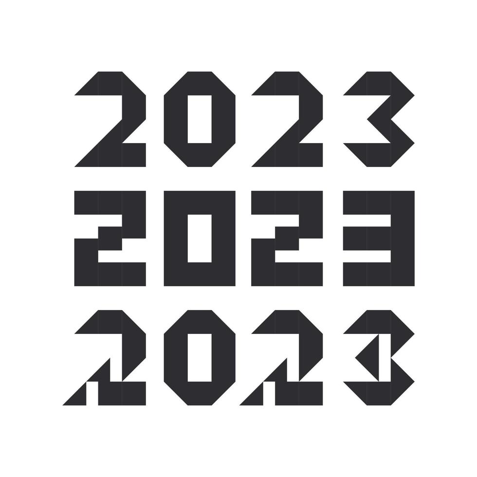 2023 stylized text set. New year number minimalistic pixel brutalism design template. Simple bauhaus Christmas logo decor for banner, card, brochure, cover and calendar. Vector illustration.