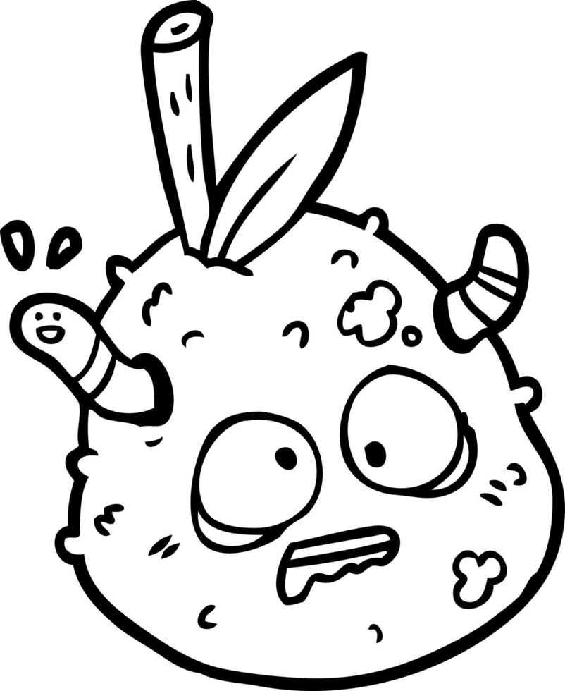 line drawing of a rotting old pear with worm vector
