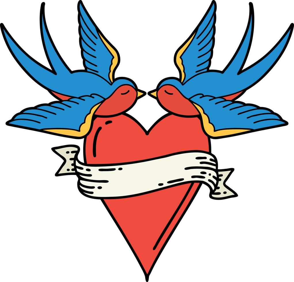 traditional tattoo of a swallows and a heart with banner vector