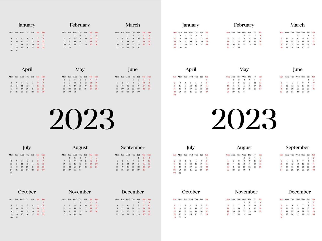 Monthly calendar template for 2023 year. Week Starts on Sunday and Monday. Wall calendar in a minimalist style. vector