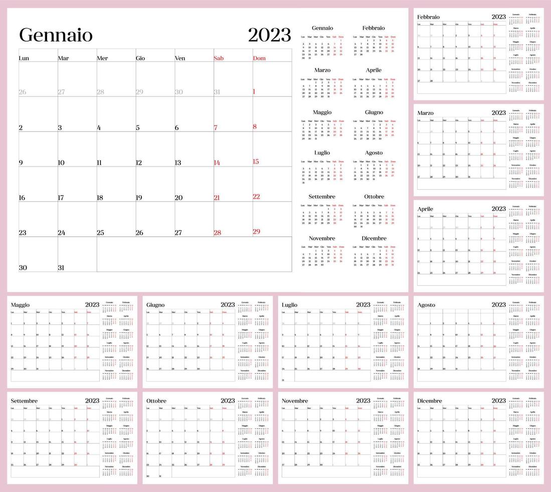 plantilla de calendario mensual para el año 2023. la semana comienza el lunes. idioma italiano. calendario de pared de estilo minimalista. vector