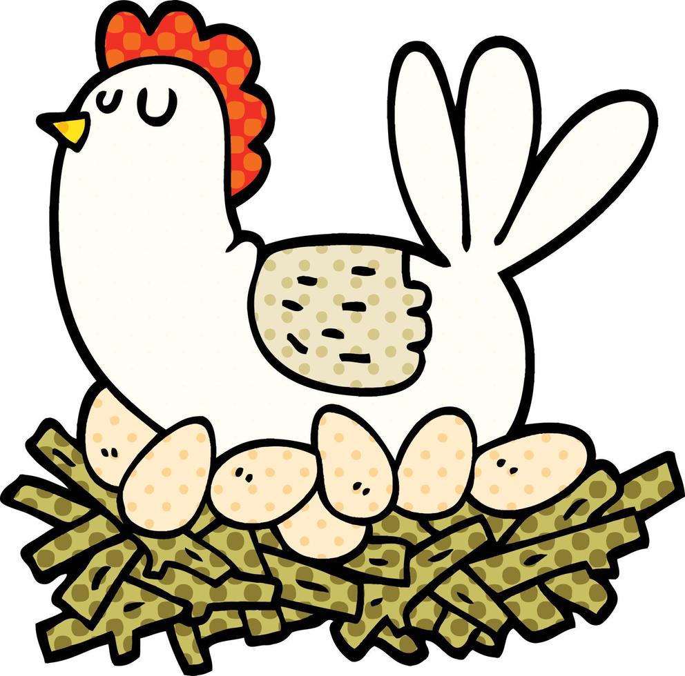 Pollo de dibujos animados de estilo cómic en nido de huevos vector