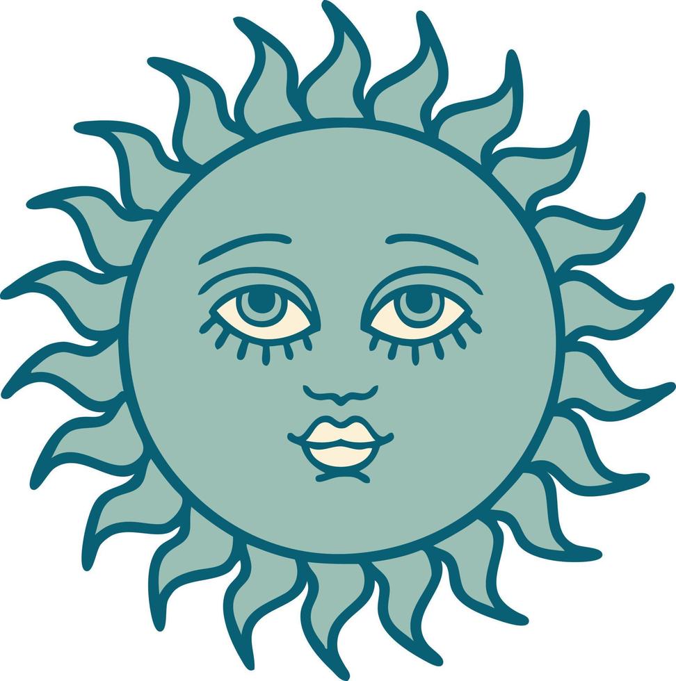 tattoo style icon of a sun with face vector