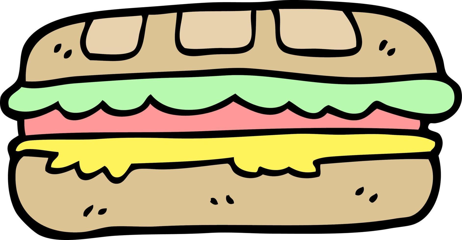 Sándwich sabroso de dibujos animados estilo doodle dibujado a mano vector