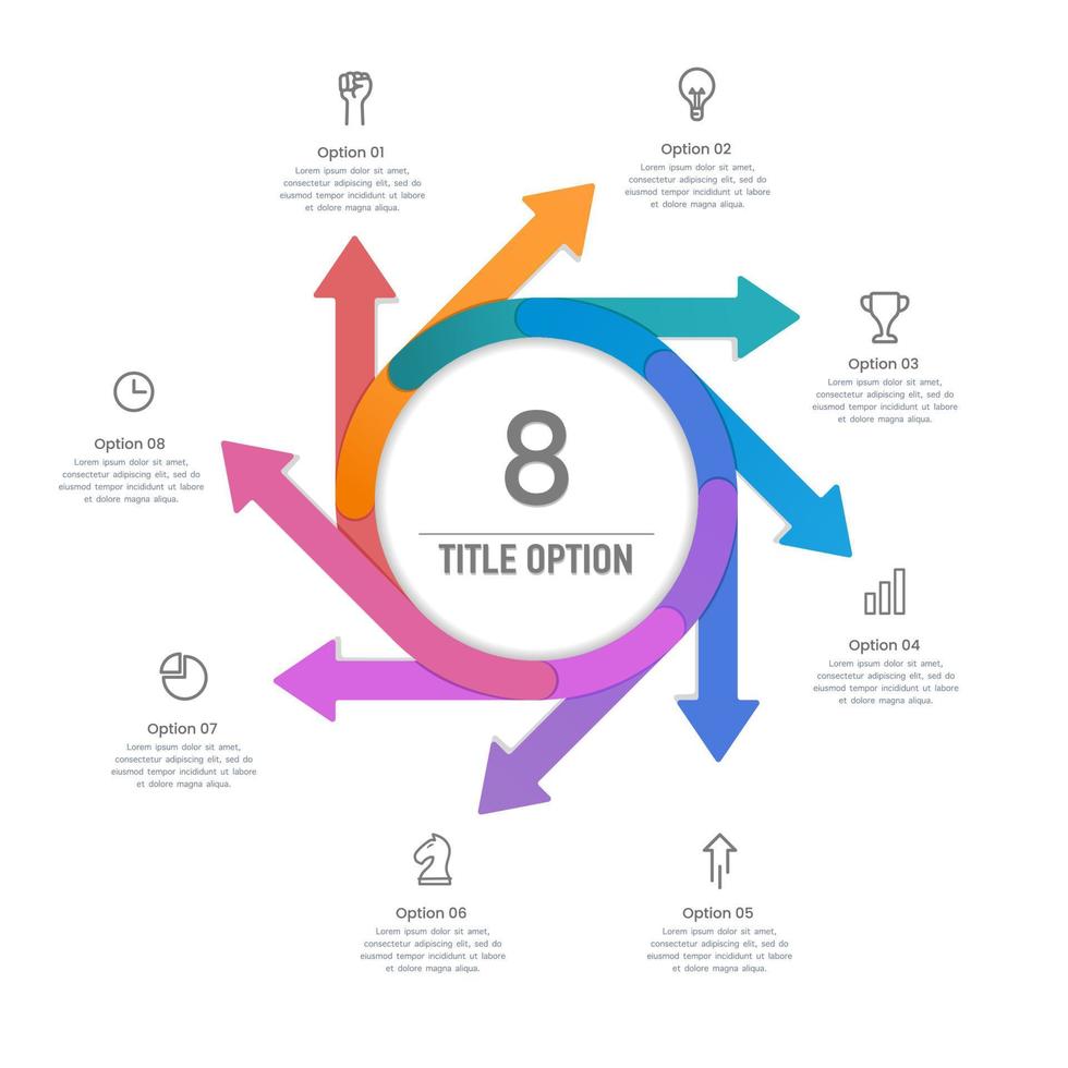 Molino de viento de flecha de 8 colores. infografía 8 opciones para presentación de negocios. vector