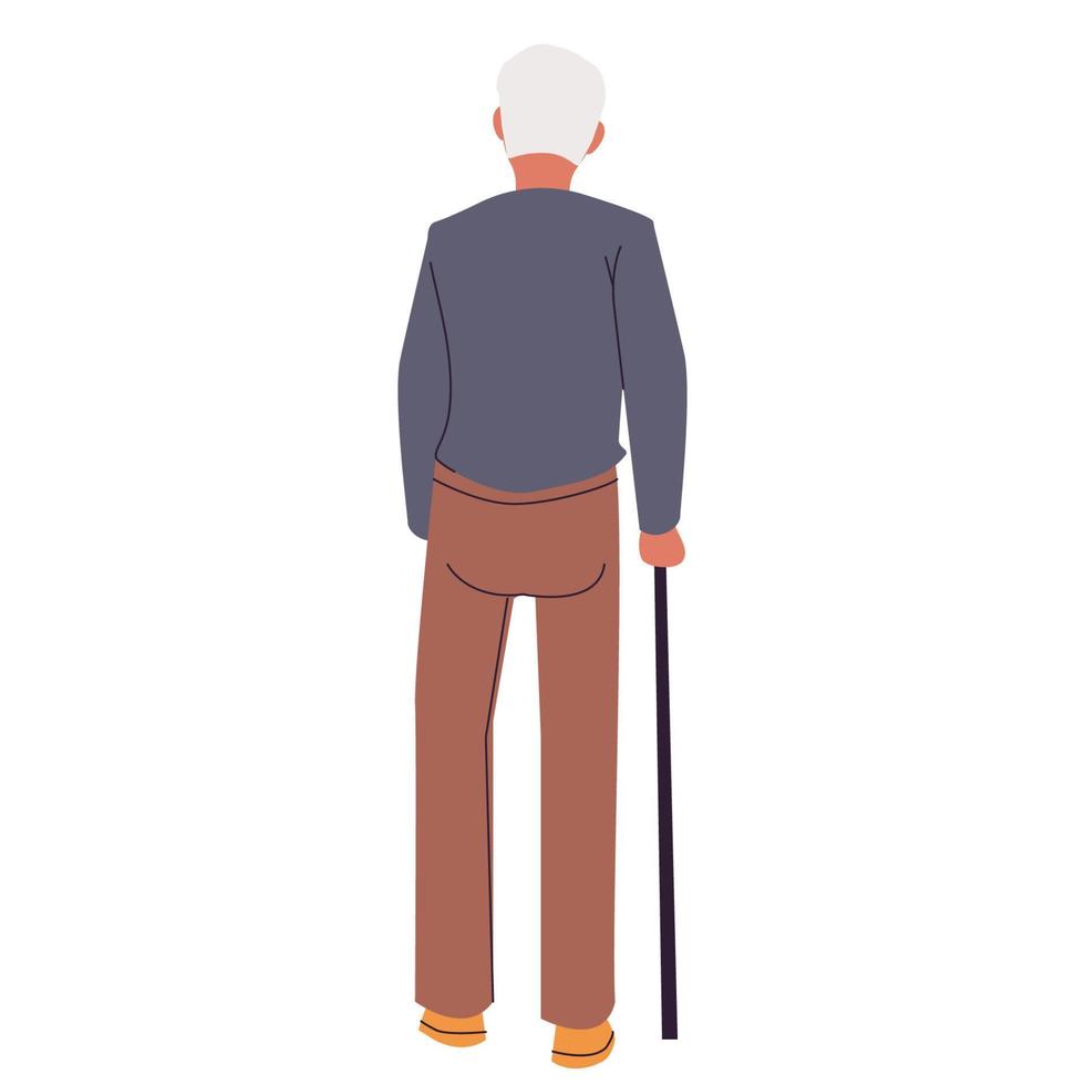 Elderly man walking backwards. Grandfather with a walking stick vector