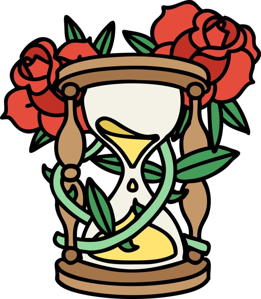 tatuaje tradicional de un reloj de arena y flores vector