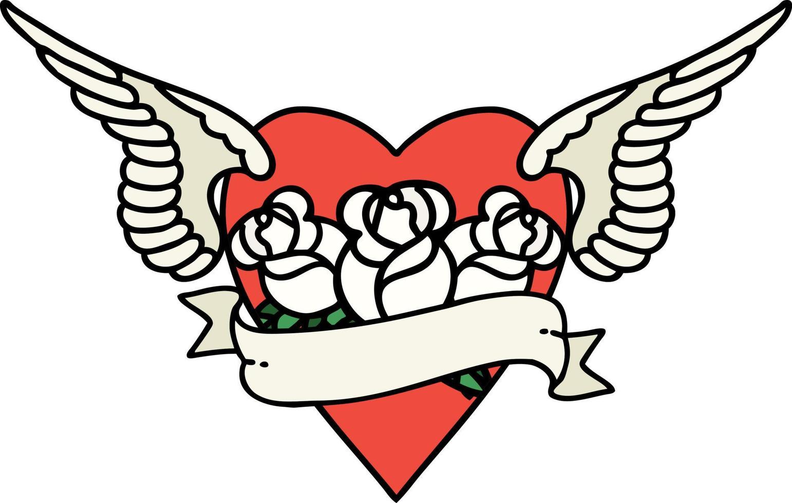 tatuaje tradicional de un corazón con alas flores y pancarta vector