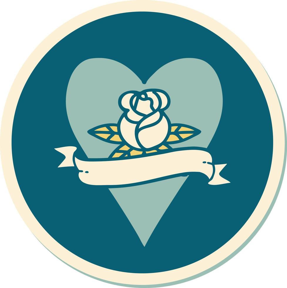 sticker of tattoo in traditional style of a heart rose and banner vector