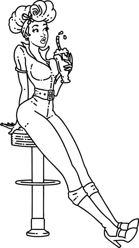 tattoo in black line style of a pinup girl drinking a milkshake vector