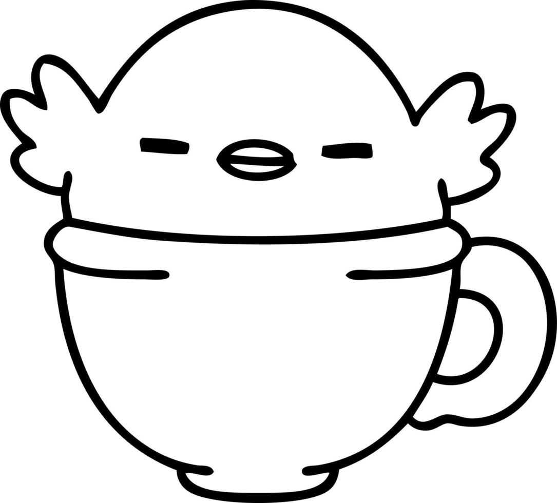 line doodle of a cute baby bird sitting in a coffee cup vector