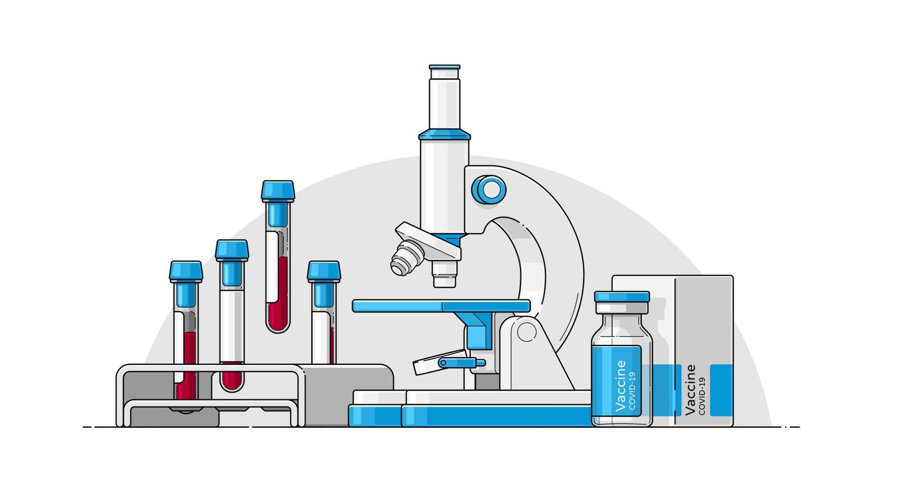 conjunto vectorial de objetos en estilo plano con un esquema para infografías médicas. plantilla aislada de microscopio, tubos de análisis de sangre, vacuna covid. investigación de laboratorio químico. ilustración para el diseño vector