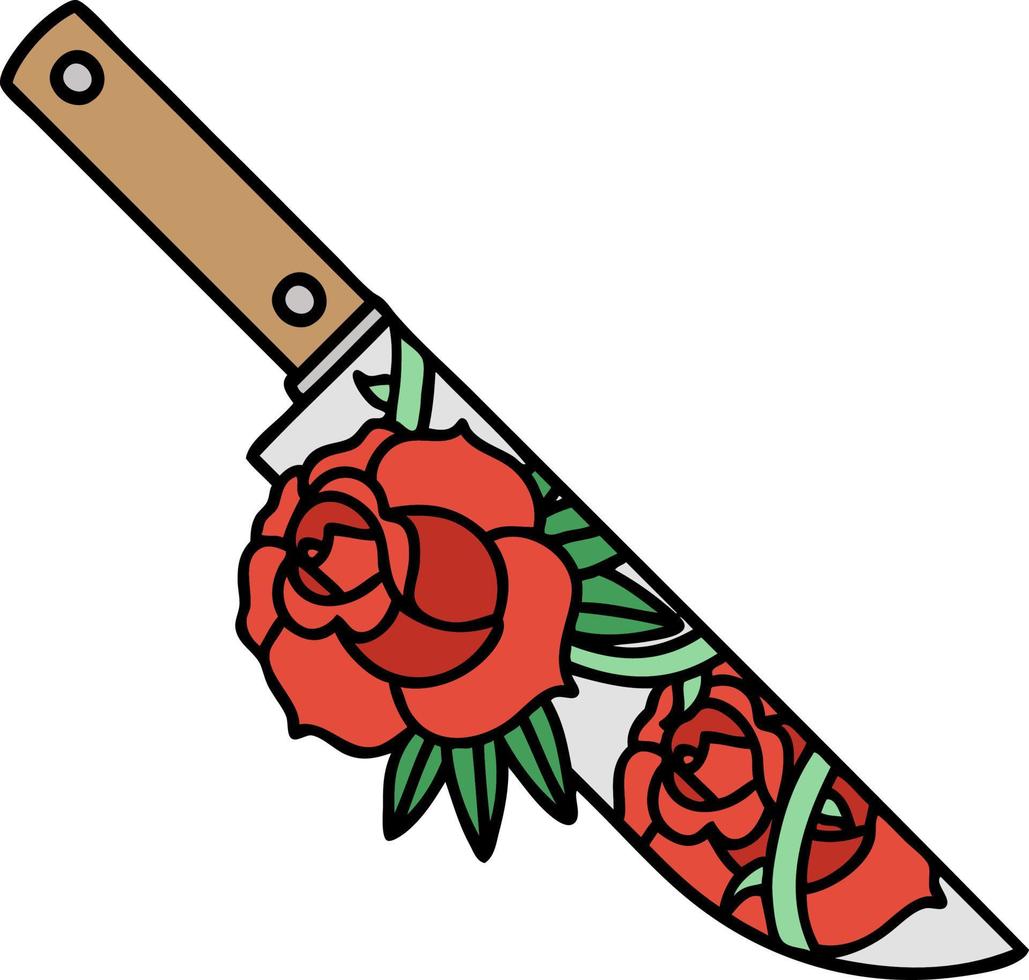 tatuaje tradicional de una daga y flores vector