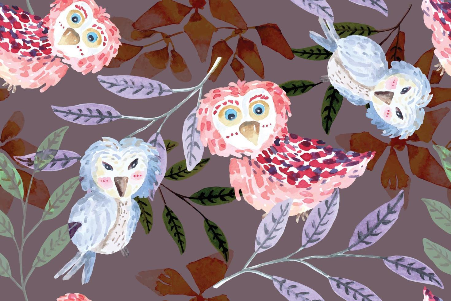 Seamless pattern of owl, leaves botanical and tropical plant painted in watercolor for fabric and  wallpaper designs from the forest.Natural animal background. vector