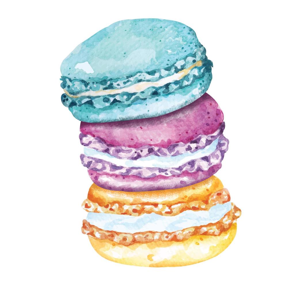 dulces macarons coloridos con acuarela. sabrosos macarons coloridos. pila de macarrones. postres de colores brillantes para bocadillos. vector