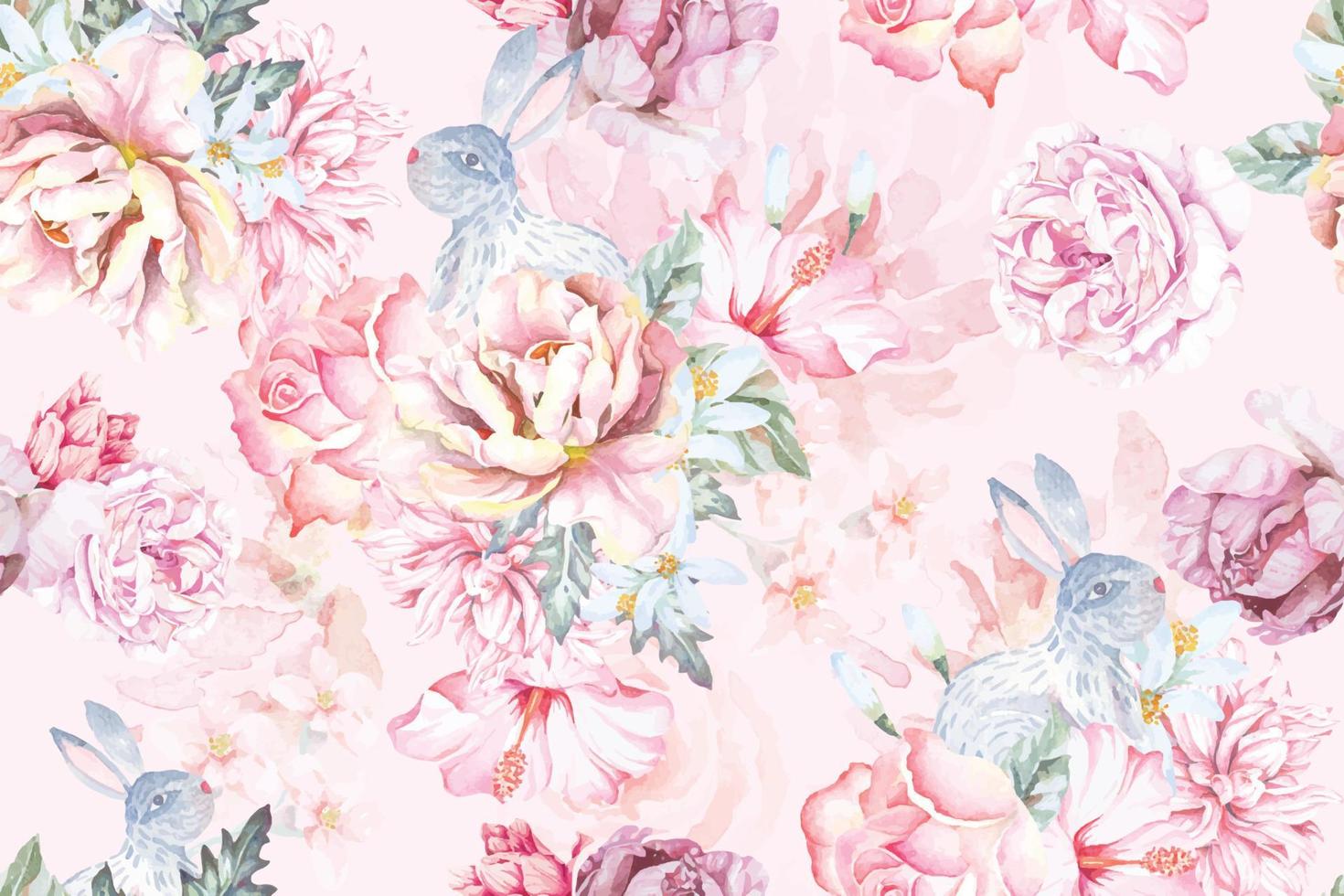 Seamless pattern of rose,rabbit and Blooming flowers with watercolor on pastel background. Designed for fabric luxurious and wallpaper, vintage style.Floral pattern illustration.Botany garden. vector