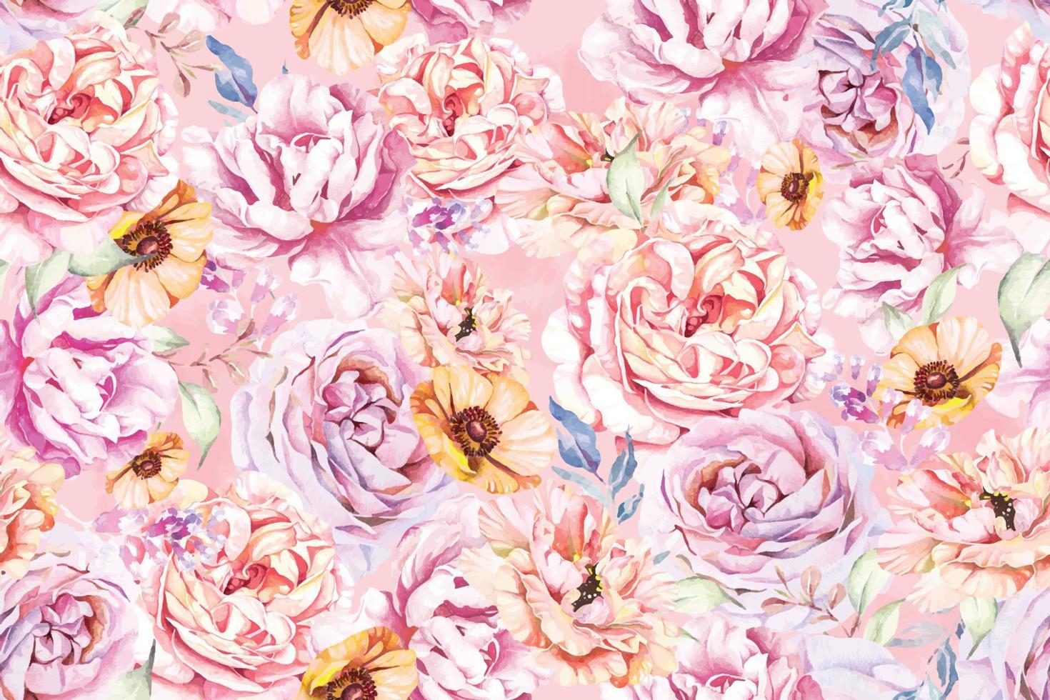 Seamless pattern of rose and blooming flowers painted in watercolor on white background. Designed for fabric luxurious and wallpaper, vintage style.Hand drawn botanical floral pattern vector