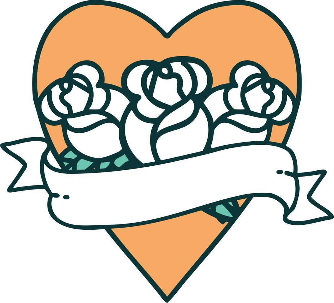 tattoo style icon of a heart and banner with flowers vector