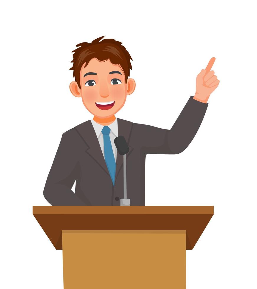Young man speaker giving speech standing at podium in a conference meeting hall vector