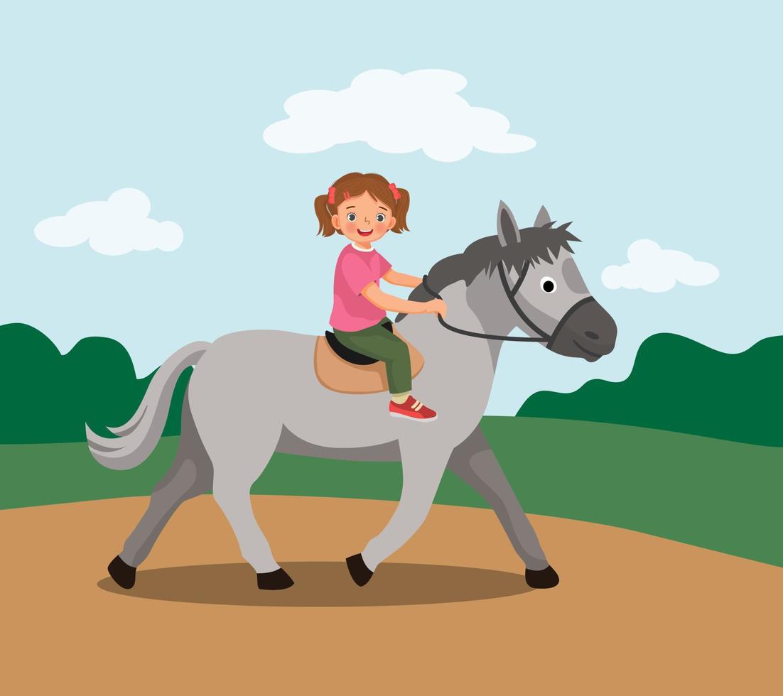 cute little girl riding a horse at the park vector