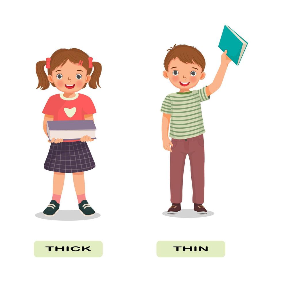adjetivo opuesto antónimo palabras ilustración gruesa y delgada de niños pequeños que sostienen una tarjeta de explicación de libros con etiqueta de texto vector