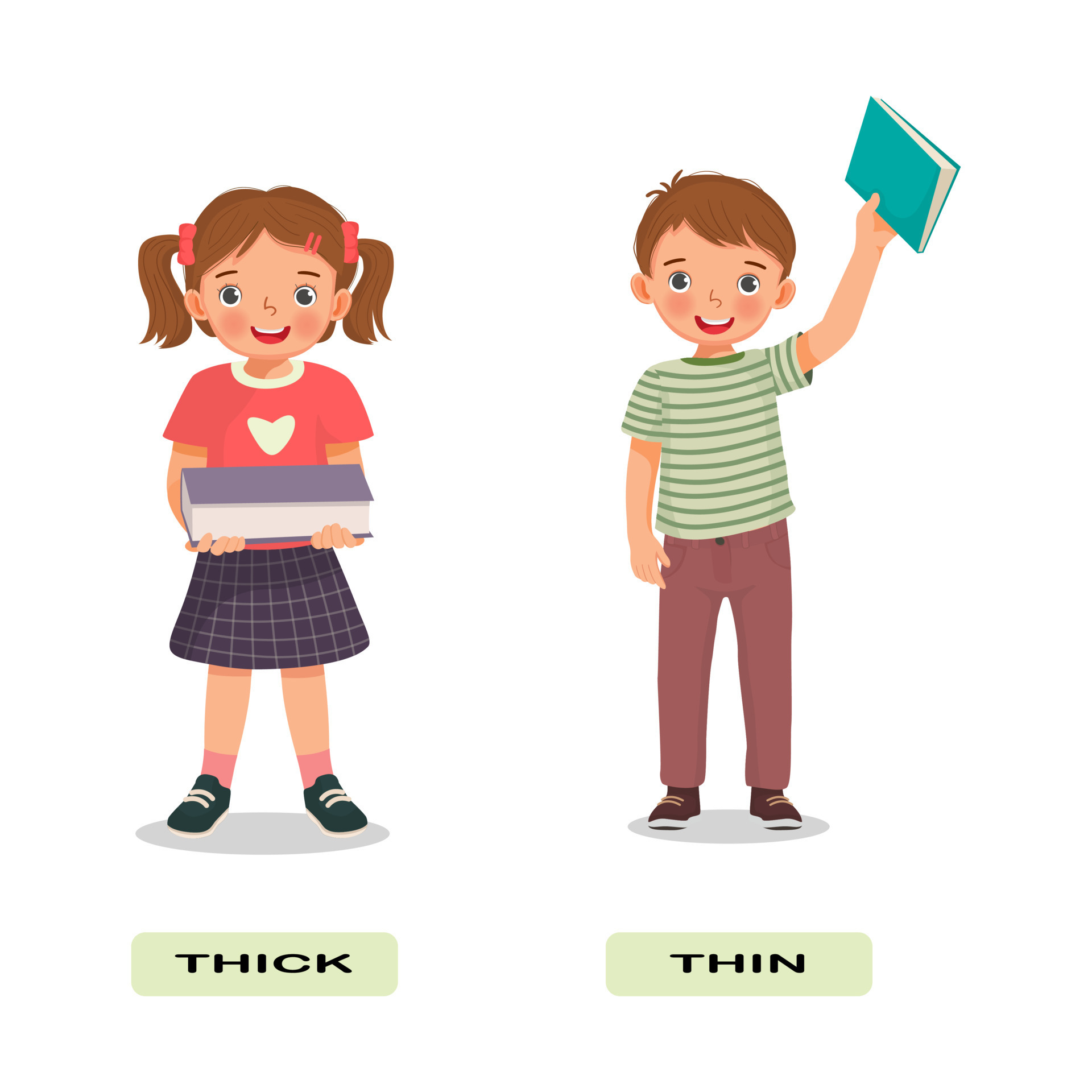 Opposite adjective antonym words thick and thin illustration of little Opposite adjective antonym words thick and thin illustration of little
