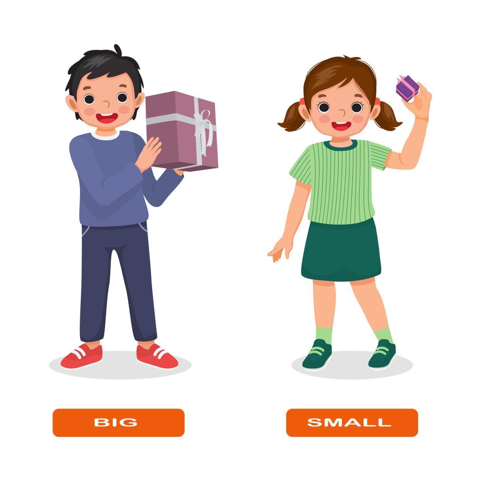 adjetivo opuesto palabras antónimo ilustración grande y pequeña de niños pequeños que sostienen una tarjeta flash de explicación de regalo con etiqueta de texto vector