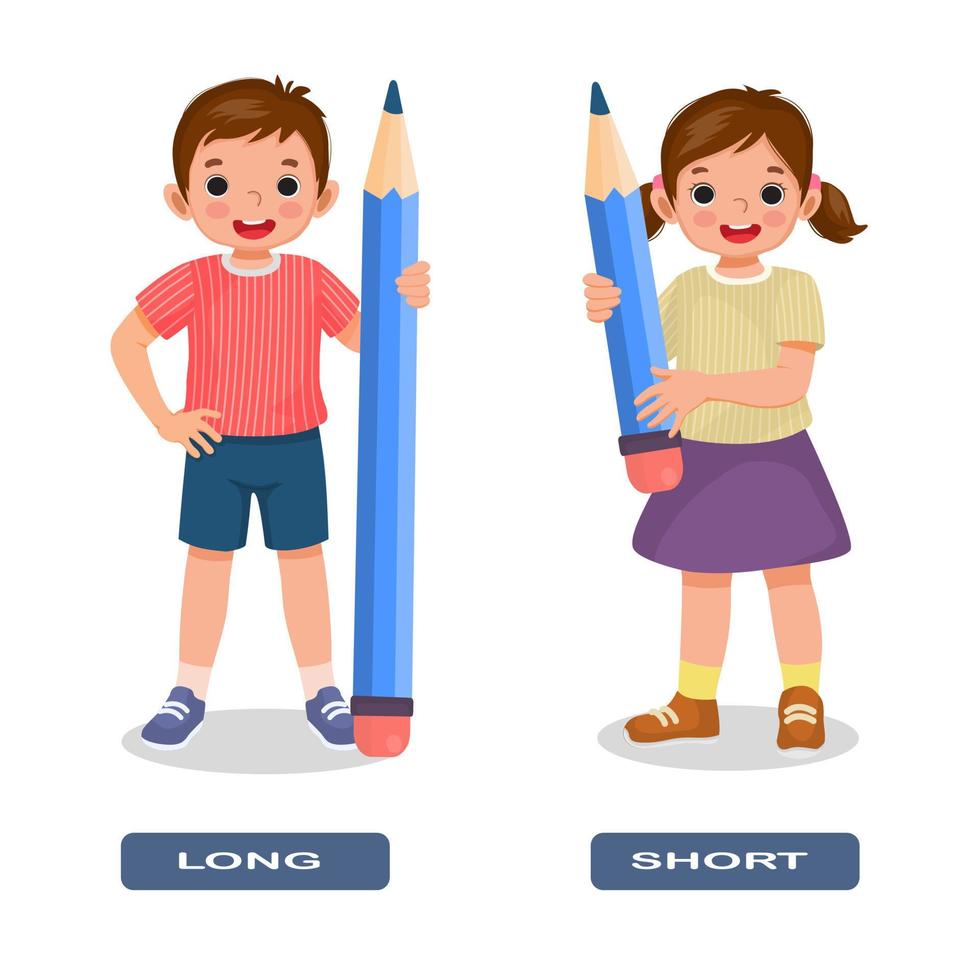 adjetivo opuesto antónimo palabras ilustración larga y corta de niños pequeños sosteniendo lápices tarjeta flash de explicación con etiqueta de texto vector