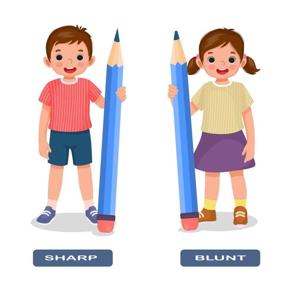 Opposite adjective antonym words sharp and blunt illustration of little kids holding pencils explanation flashcard with text label vector