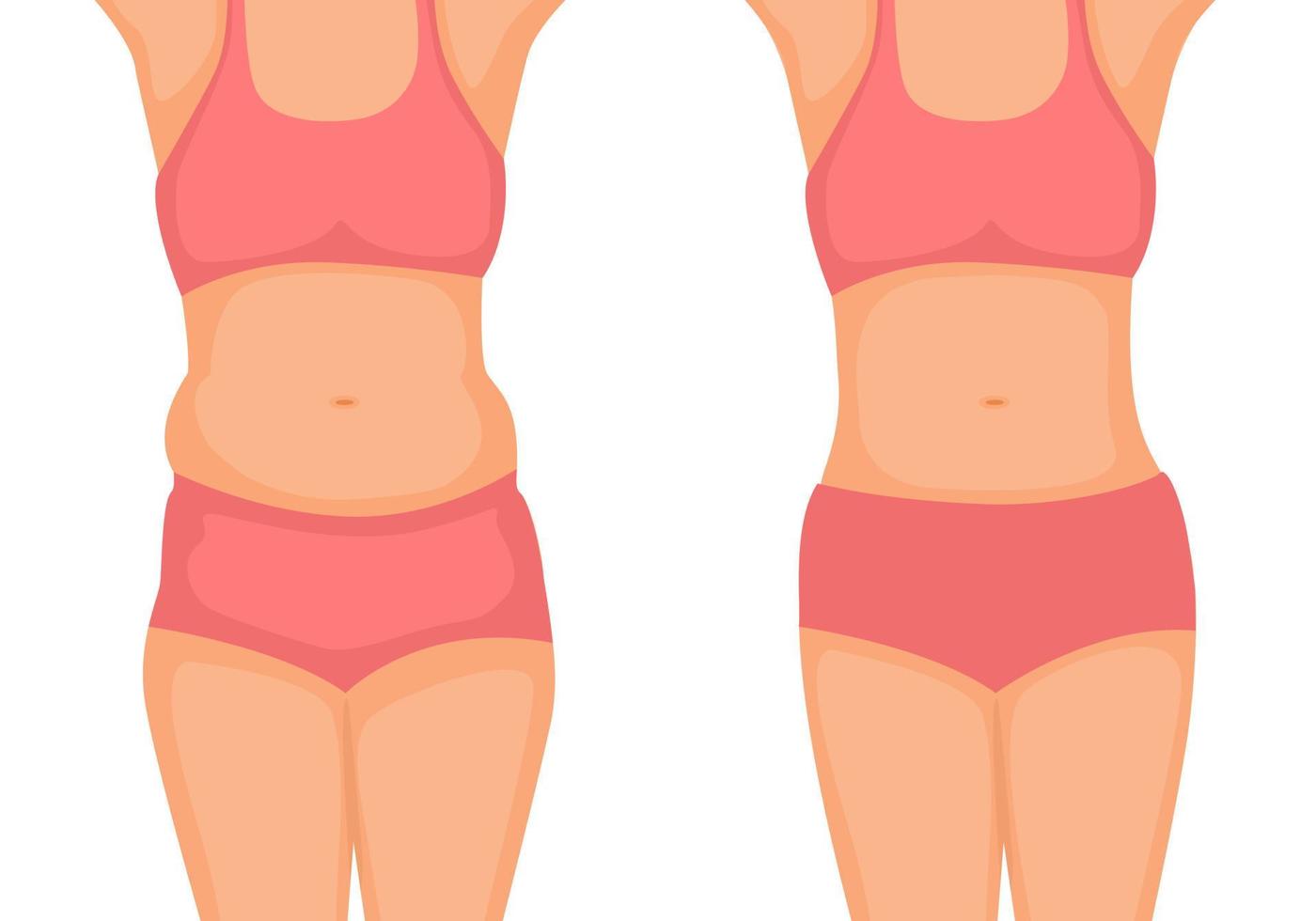 cuerpo de mujer joven antes y después de la pérdida de peso que muestra desde la grasa hasta el concepto de grasa abdominal delgada vector