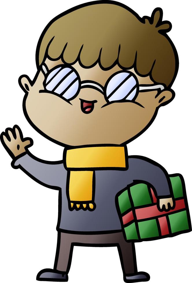 cartoon boy wearing spectacles carrying gift vector