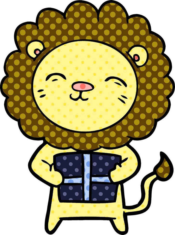 cartoon lion with christmas present vector