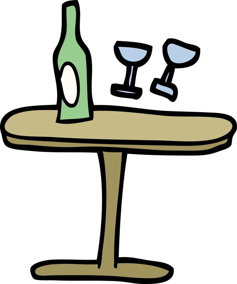 hand drawn doodle style cartoon table with bottle and glasses vector