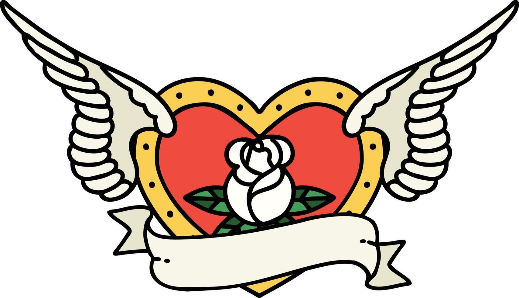 traditional tattoo of a flying heart with flowers and banner vector