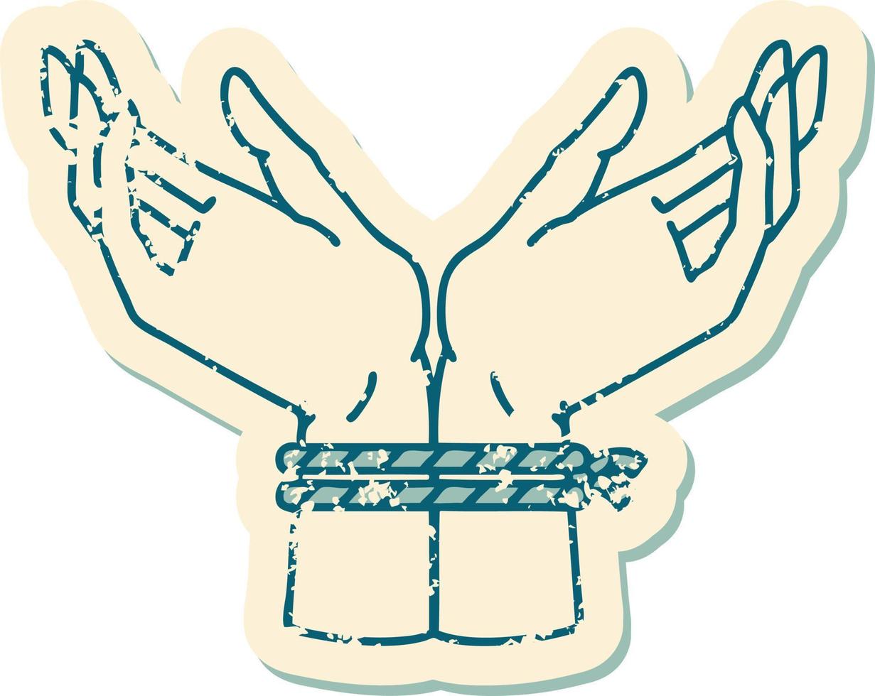 distressed sticker tattoo style icon of a pair of tied hands vector